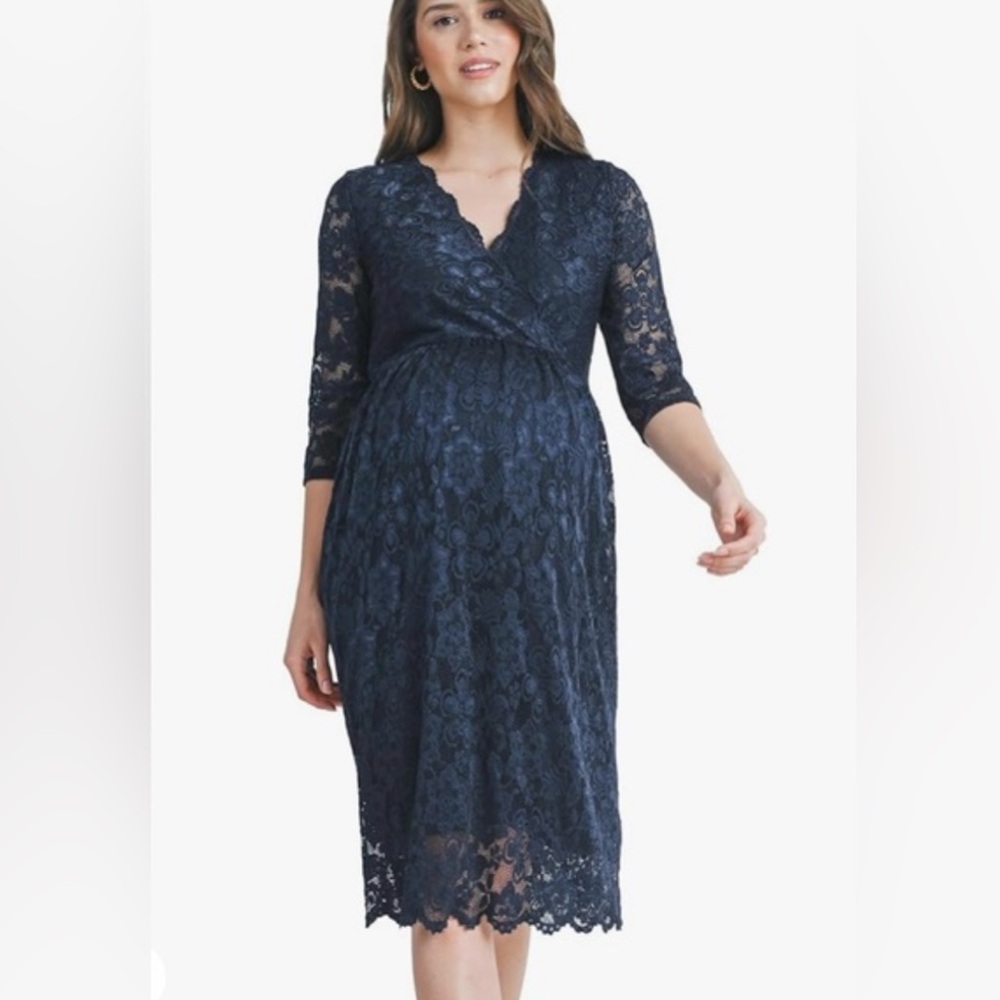 NEW Hello MIZ Womens Midi Dress XL Navy Blue Surplice Lace Overlay Maternity